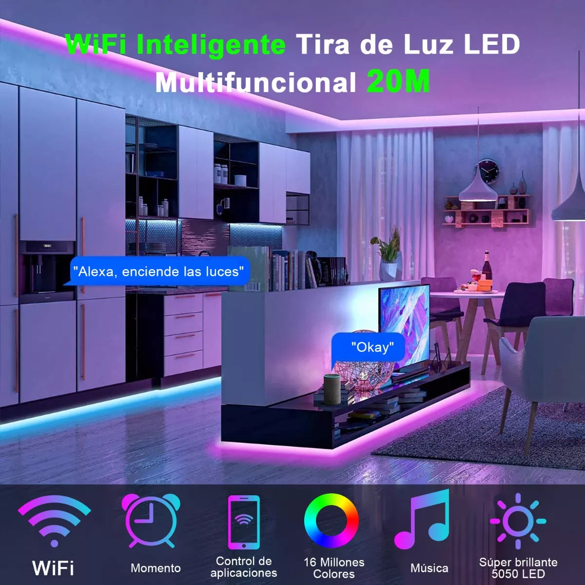 ELEADSOUQ Tira De Luces Led Alexa Wifi Rgb Voz Control Inteligente