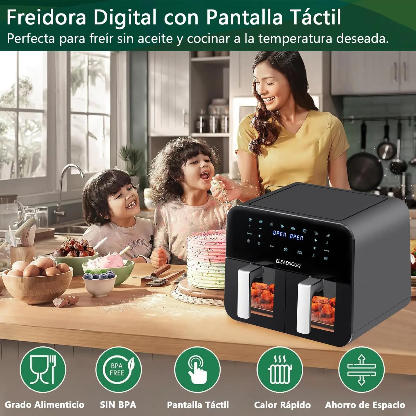 ELEADSOUQ Freidora de aire de doble zona 4,5 L + 4,5 L multifunción digital