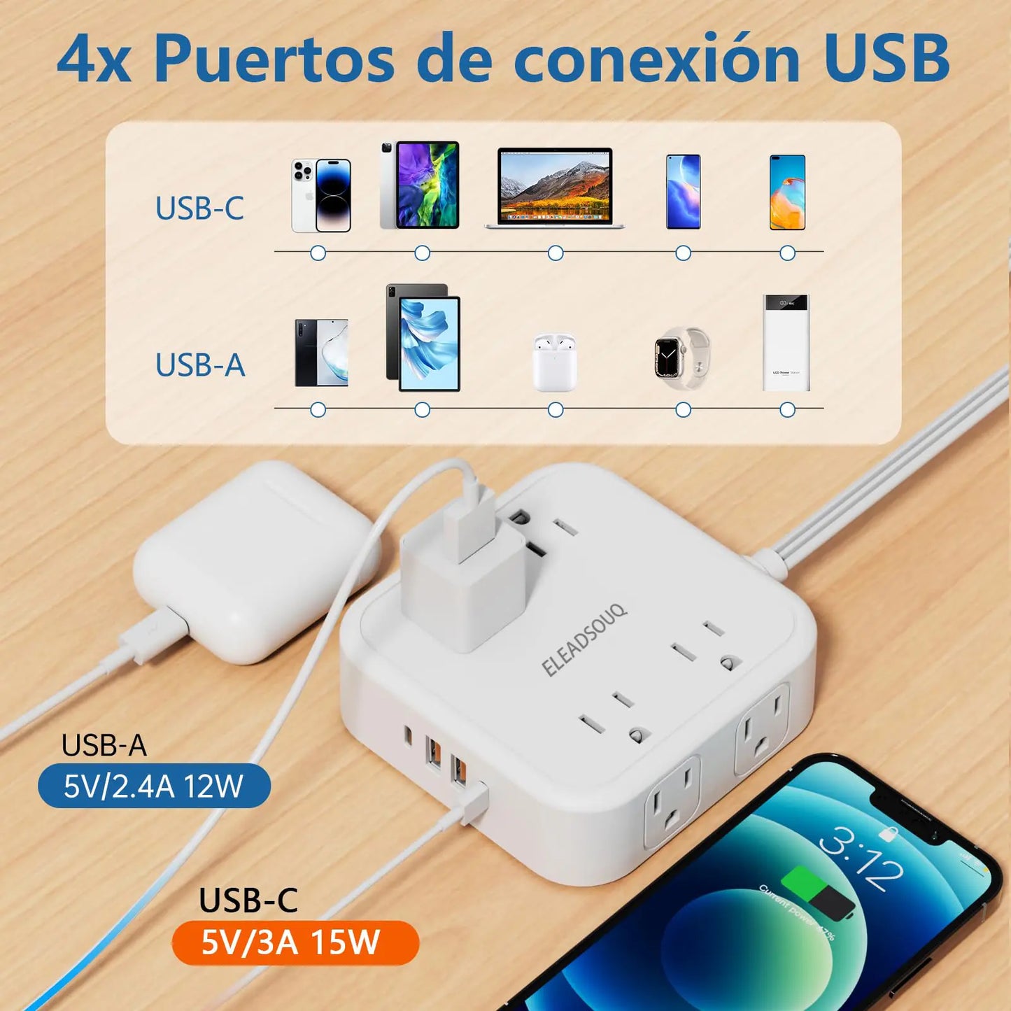 ELEADSOUQ Protector de sobretensiones con enchufe de extensión plano