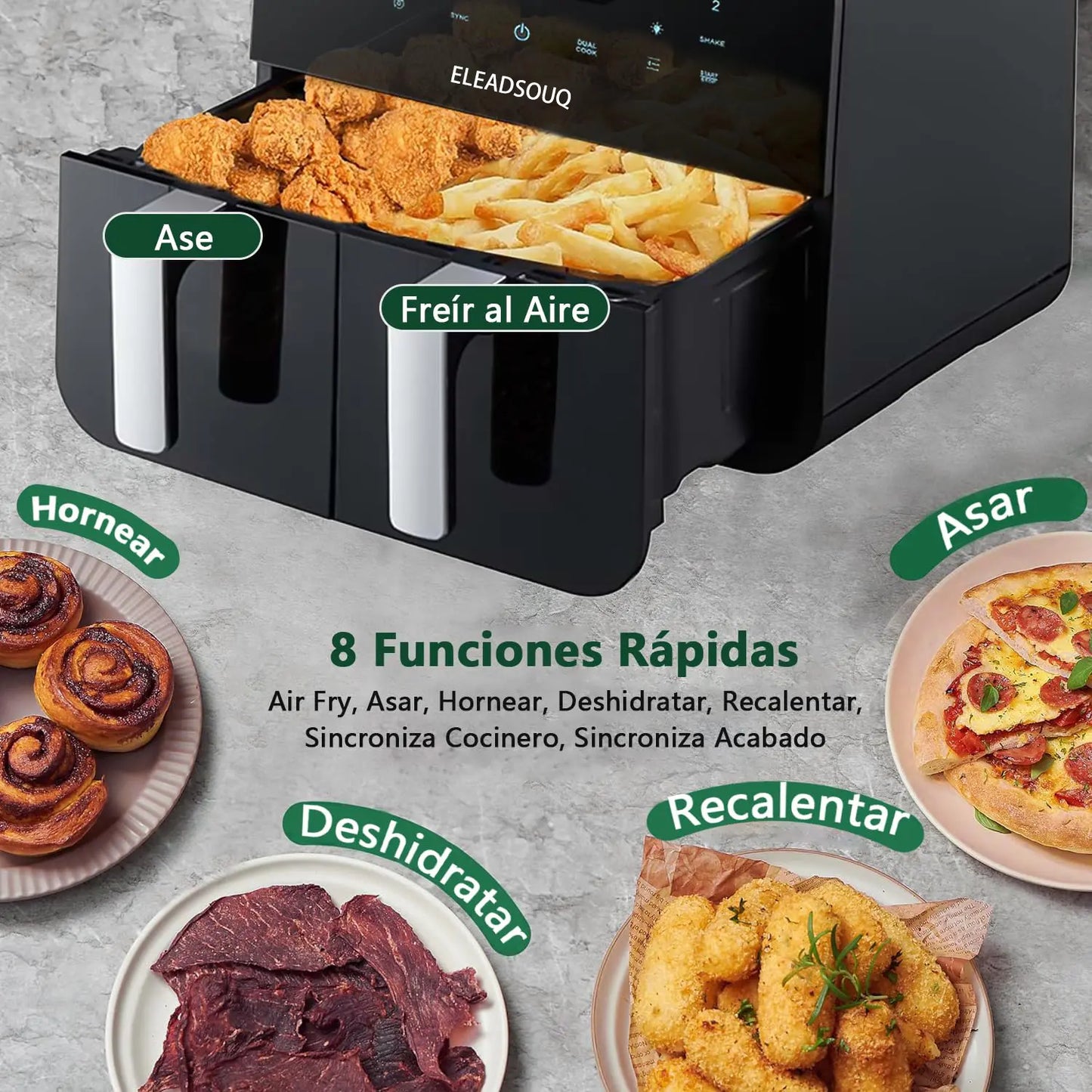 ELEADSOUQ Freidora de aire de doble zona 4,5 L + 4,5 L multifunción digital
