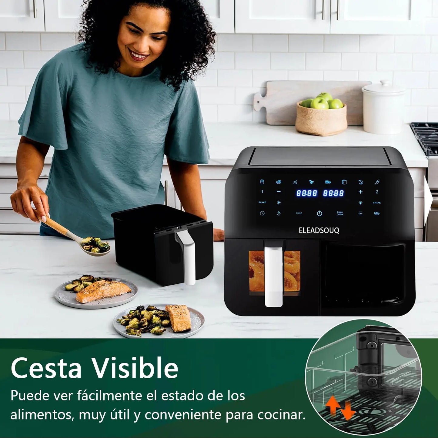 ELEADSOUQ Freidora de aire de doble zona 4,5 L + 4,5 L multifunción digital