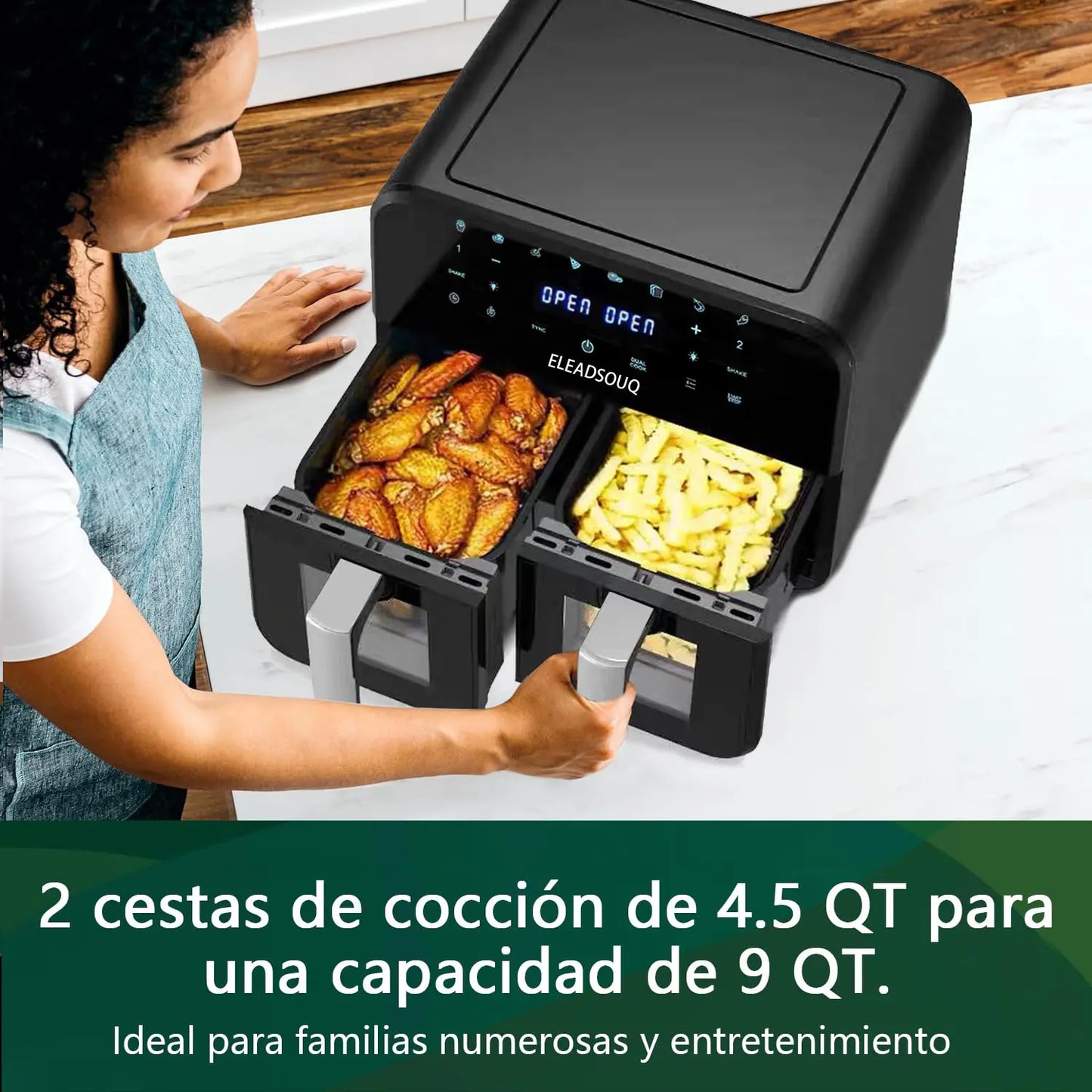 ELEADSOUQ Freidora de aire de doble zona 4,5 L + 4,5 L multifunción digital