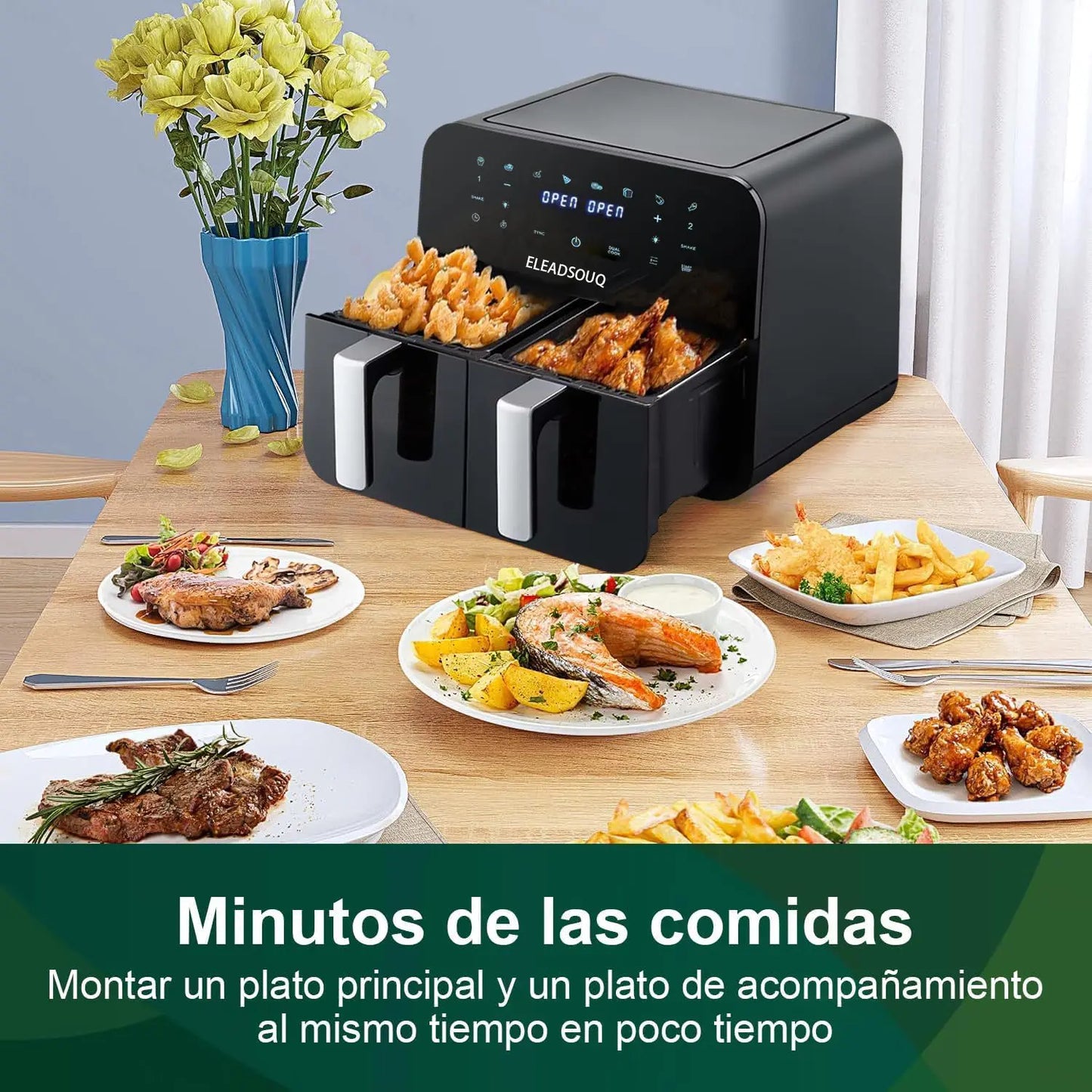 ELEADSOUQ Freidora de aire de doble zona 4,5 L + 4,5 L multifunción digital