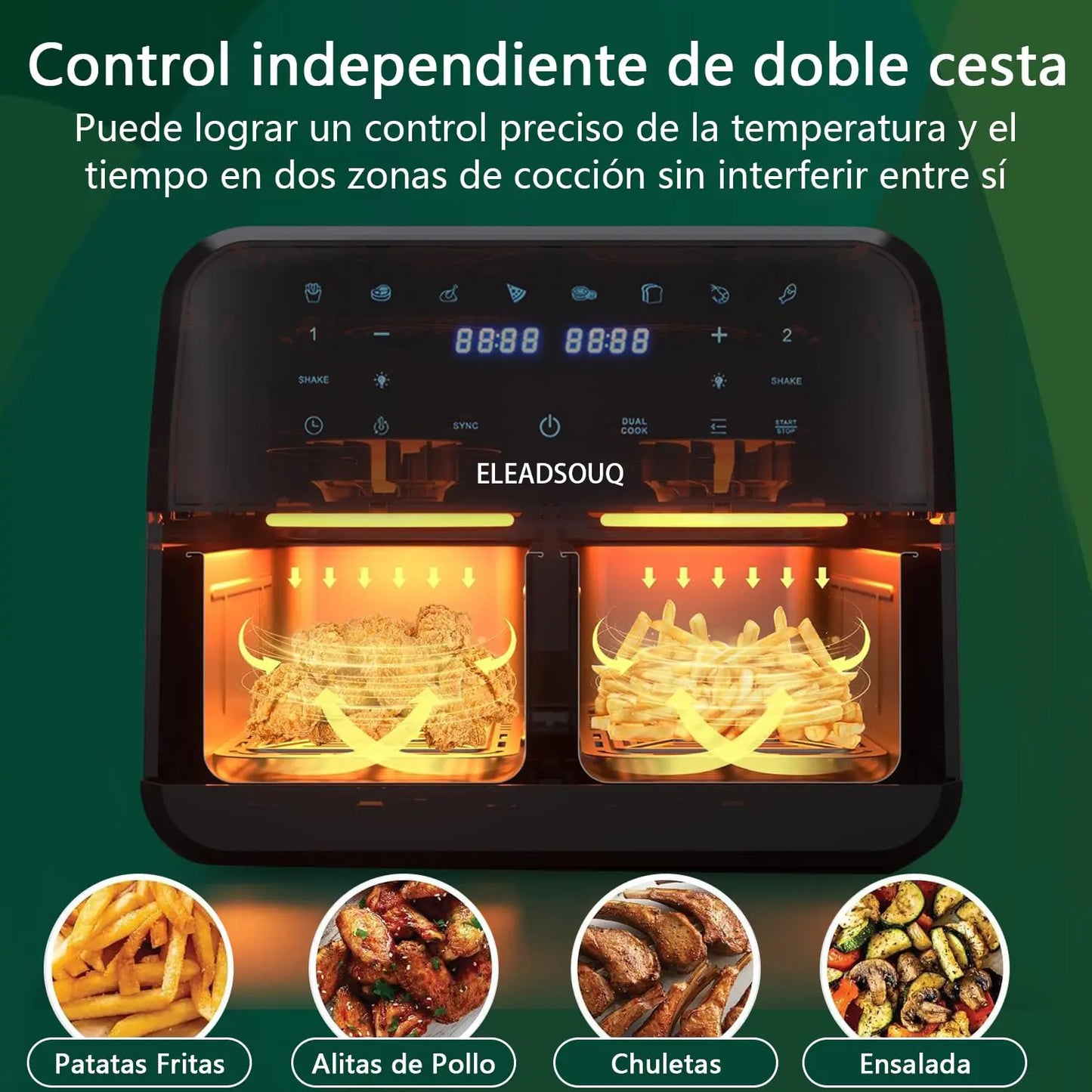 ELEADSOUQ Freidora de aire de doble zona 4,5 L + 4,5 L multifunción digital